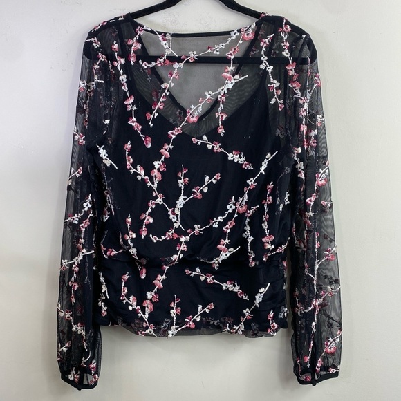 White House Black Market Long Sleeve Floral Embroidered Mesh Top w/Cami Sz L - Picture 4 of 16
